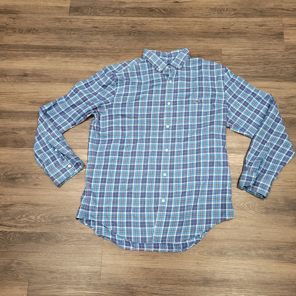 Vineyard‎ Vines Plaid Button Down Shirt Preppy Coastal Casual Blue Size L